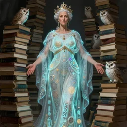 a portrait of a older anya taylor - joy as the goddess minerva surrounded by stacks of books, owls, bioluminescent gown with deep level of detail of esoteric symbols, urban motifs, intricate, elegant, highly detailed, digital painting, trending on artstation, smooth sharp focus, illustration, art by artgerm and greg rutkowski