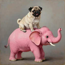 happy pug on the back of a flying pink elephant, detailed oil painting by durer and botero