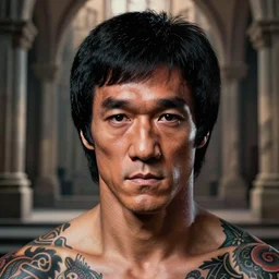 tattooed bruce lee painted by bosch, symmetrical face, 4 k, cinematic lighting, moody in medieval architecture background