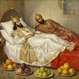 digital concept art, Scheherazade and king Shahrar from Alf Laylah wa-Laylah, lying down in bed, surrounded by plates of fruits; epic,masterpiece,ultra detailed,oil on canvas,illustration by Affandi and Ferdinand Keller, 8k