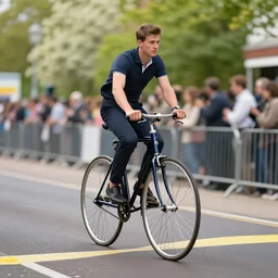 a man riding a penny - farthing crossing the finish line of the tour de france while other racers riding modern bikes race in the distance, file photo, photorealistic