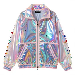 a transparent holographic oversized jacket inspired by jawbreaker candy, vaporwave mall aesthetic, dots, netting, spikes, fashionable, trendy, colorful, high end fashion