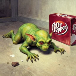 An Asmongold Gollum hybrid crawling across an unclean floor towards a box of Dr. Pepper. by Stephen Gammell. colorized.