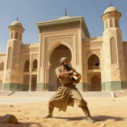 arabic town hall exterior, sand, intricate, highly detailed, action pose, digital painting, artstation, concept art, smooth, sharp focus, illustration, Unreal Engine 5, 8K, art by artgerm and greg rutkowski and alphonse mucha