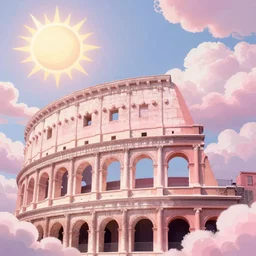 amazing punk, heaven pink, engraving, punk rock, lots of roman arches, sun, joy, clouds, sky, volumetric light, detailed, romanticism, pastel drawing, big size