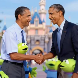 obama shaking hands with smiling alien at disneyland
