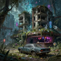 a beautiful hyperdetailed painting of nature abandoned unfinished building architecture industrial architecture urbex city car by eugene boudin, neon signs crystal wilderness scumm bar at spring bioshock liberty city cosmic universe junglepunk evil water, archdaily, wallpaper, highly detailed, trending on artstation.