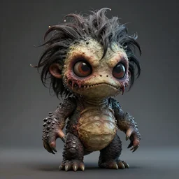 A cinematic sculpture of a cute by scary monster with scaly skin and crazy hair by Rick Baker and Chris Walas.