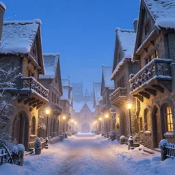 medieval town street scene in the winter, blue sky, snow, frost, detailed, concept art, low angle, highly detailed, warm lighting, volumetric, godrays, vivid, trending on artstation, by jordan grimmer, greg rutkowski