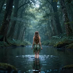 forest nymph rising from the water. view from behind, wide angle view, back view. nuri iyem, james gurney, james jean, greg rutkowski, anato finnstark. trending on artstation, starlight, and enchanted dreams. instagram photo shoot, sigma 3 5 mm, award winning photography, cinematic, ultra detailed, 8 k resolution, beautiful lighting