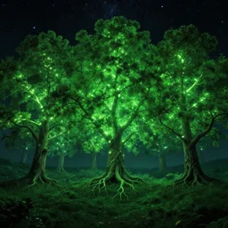 glowing trees with glowing branches in the stars and roots in the underworld, matte landscape, vast, epic, starry, lush, greenery, cinematic color scheme, by greg rutkowski, artstation, 4 k wallpaper, uhd quality, unreal engine, glossy paper quality