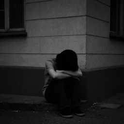a sad person with his head down sitting at the corner of a house, black and white, dramatic light, obscure