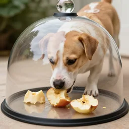 dog trying to eat apple core under on a butler cloche dome
