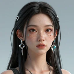 a woman with freckles on her face and hair, cyberpunk art by nina tryggvadottir, trending on zbrush central, fantasy art, daz 3 d, photorealistic 3 d octane render portrait, behance 4 k, ruan jia, cgsociety, pop surrealism, y 2 k chrome jewelery, vray tracing