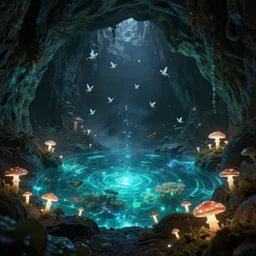 a beautiful, highly detailed and realistic bioluminescent pool in a dark cave full of glowing mushrooms, fifty tiny faeries fly around, atmospheric fog, masterpiece, stunning, panavison, unreal engine