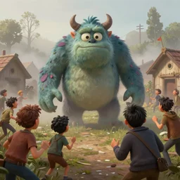 a monster approaches from the fog. The people are scared and the village is in a panic. Expressive painting with masterful composition, high detailed cartoon characters, unreal engine, 3d render, stylized, photorealistic
