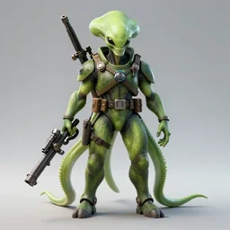 hyper - realistic and detailed portrait of green alien soldier with tentacles and weapons