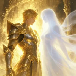 paladin and ghost, golden, ethereal back light, volumetric light, close up, coherent composition, fantasy painting by artgerm, noriyoshi ohrai, yuumei