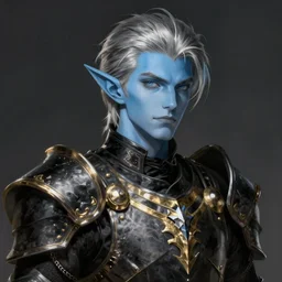 A portrait of a male elf, he is about 20 years old, light blue skin, serious composure, short silver hair, prideful look, he is wearing black heavy armor with gold plating, highly detailed portrait, digital painting, ArtStation, concept art, smooth, sharp focus illustration, ArtStation HQ