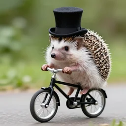 a photo of a hedgehog riding a bicycle and wearing a top hat