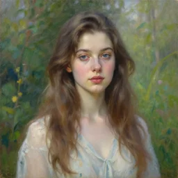 portrait of a beautiful woman in the garden, morning, highly detailed, ultrarealistic oil painting, vladimir volegov, artstation