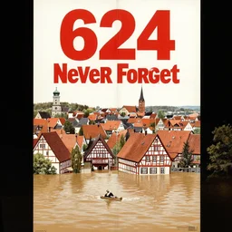 a 70s movie poster displaying a german town called STROMBERG being flooded with the title 624 NEVER FORGET above it