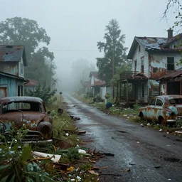 apocalyptic, ruined town, abandoned streets, littered, mutated wildlife, decrepit homes and sheds on the side of the road, slowly being reclaimed by nature. rusted vintage cars. fog, dew, rain, volumetric lighting, beautiful, summer morning dew, sharp focus, ultra detailed, kodachrome, cgsociety - w 1 0 2 4 - n 8 - i