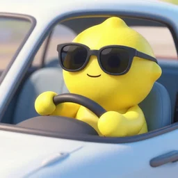 a wholesome animation key shot of lemon wearing sunglasses and driving a yellow lamborghini on a rainbow road, medium shot, waist up, pixar and disney animation, sharp, rendered in unreal engine 5, anime key art by greg rutkowski, bloom, dramatic lighting