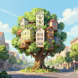 organic city, buildings on treehouse, street scene,, by greg rutkowski