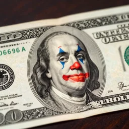 A dollar banknote with a colorful clown face with whiteface makeup printed on it in the middle
