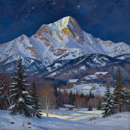 mountains, trees, beautiful nature, winter, night, stars, snow, very detailed, focused, oil painting, colorful, canvas, artstation, Sydney Mortimer Laurence, Albert Bierstadt, Theodor Kittelsen