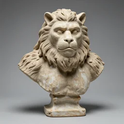 a bust sculpture of a neandertal with feline features, ceramic base, front view, studio lighting, expresive
