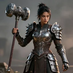 female warrior with spiky armour holding a mace, highly detailed, dramatic lighting, cinematic, 4k