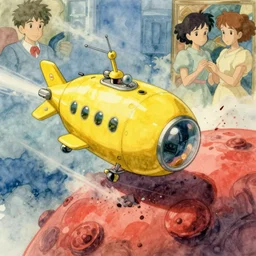 coherent, science fiction, the submersible alvin from woods hole oceanographic, yellow, crashing onto a red planet, studio ghibli, pixar and disney animation, sharp, ron cobb, disney concept art watercolor illustration by mandy jurgens and alphonse mucha and alena aenami, pastel color palette, dramatic lighting, highly detailed