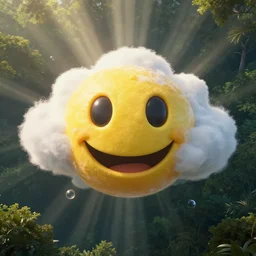 fantastical vibrant bulbous weird smiley face emoji shaped cloud with holes for eyes and mouth, in a nature scene by marc adamus, high definition, rays of light breaking behind the emoji, drone camera lens orbs, 3 point lighting, highly detailed larval stage, natural color scheme, photo still from movie by denis villeneuve