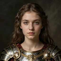 close - up portrait of beautiful young woman dressed gladiator with metallic armor, art by jan van eyck