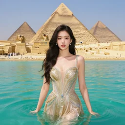 lee jin - eun in luxurious dress emerging from turquoise water in egyptian pyramid city during an eclipse by claude monet, conrad roset, m. k. kaluta, martine johanna, rule of thirds, elegant look, beautiful, chic, face anatomy, cute complexion