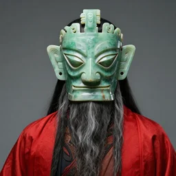 portrait of a man in ancient green jade mask of old man with beard and red mantle, fantasy, trending on artstation