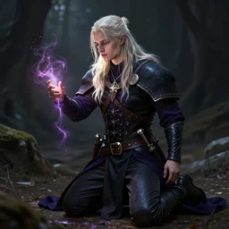 A witch sucks out magic out of Geralt who is on his knees, photorealistic