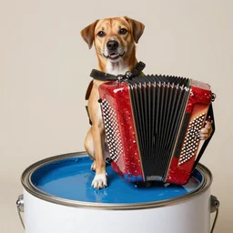 a dog plays accordion sitting on the rim of a giant can of paint, its toes dipped into the paint