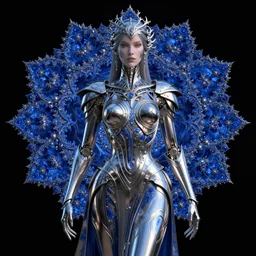 portrait of a maginificent metallic armored cyborg queen, elegant intricate detailed, mandelbrot fractal, lapis lazuli, subsurface scattering, long shot, black background, by rene gorecki, h r giger, octane render, 8 k