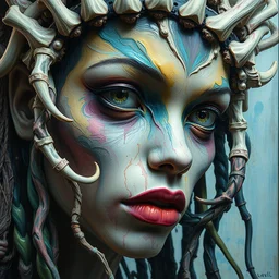close - up portrait of a beautiful medusa by irakli nadar with intricate detailed color smashing fluid oil paint and acrylic, headdress made out of bones, melting wax, mycelia, abstract impressionism, ruan jia, fantasy, hyper detailed, concept art, by peter mohrbacher and gustav klimt,