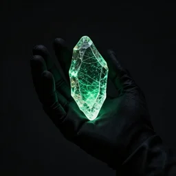 a glowing shard of kryptonite held in an open black - gloved hand, pitch black, dimly lit only by the green glow of the kryptonite