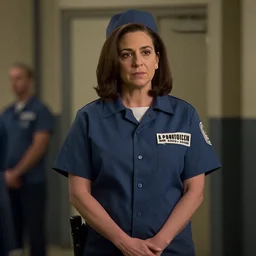 Movie still of Sheryl Sandberg as a prison guard in the movie The Panopticon