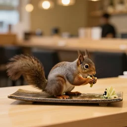 squirl eating sushi at restaurant, golden ratio, wide shot, depth of field