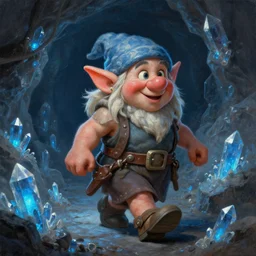 happy female dwarf miner walking through a crystal mine, dungeon and dragons, blue glowing crystals, oil painting, trending on artstation, octane render, insanely detailed, 8 k, hd