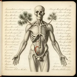 1 9 century anatomy of pineco, menuscript, calligraphy, hyper realistic, surrealistic, intricate
