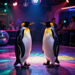 two penguins in disco nightclub, colorful lighted disco dance floor, ektachrome,