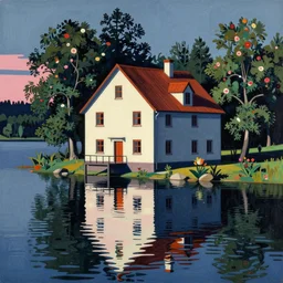 ( ( ( zdzislaw beksinski ) ) ), a house by the lake, very coherent and colorful high contrast art by simon stalenhag james gilleard floralpunk screen printing woodblock, dark shadows, pastel color, hard lighting