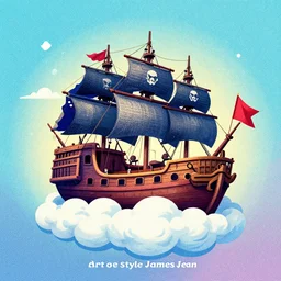 “pirate ship floating on a cloud, colored album cover art, dotart in the style of James Jean”